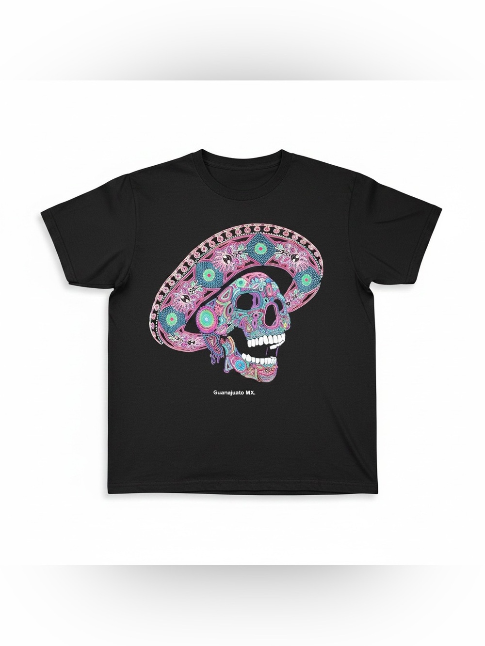Codigo Cotton Adult Size Small Neon Dia De Los Muertos Skull Print Black T-shirt